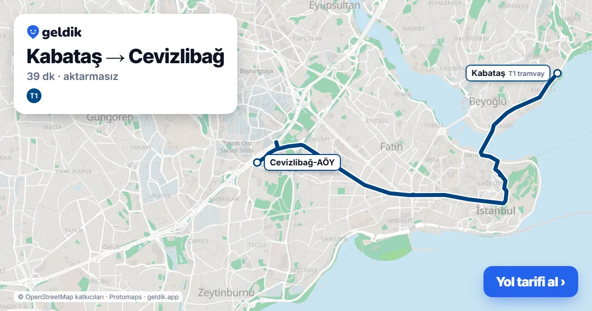 Kabataş – Cevizlibağ yol haritası: T1 ile ~39 dk