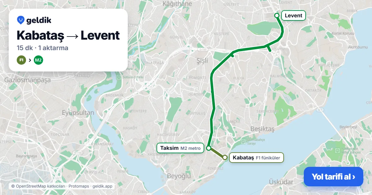 Kabataş – Levent yol haritası: F1 → M2 ile ~15 dk