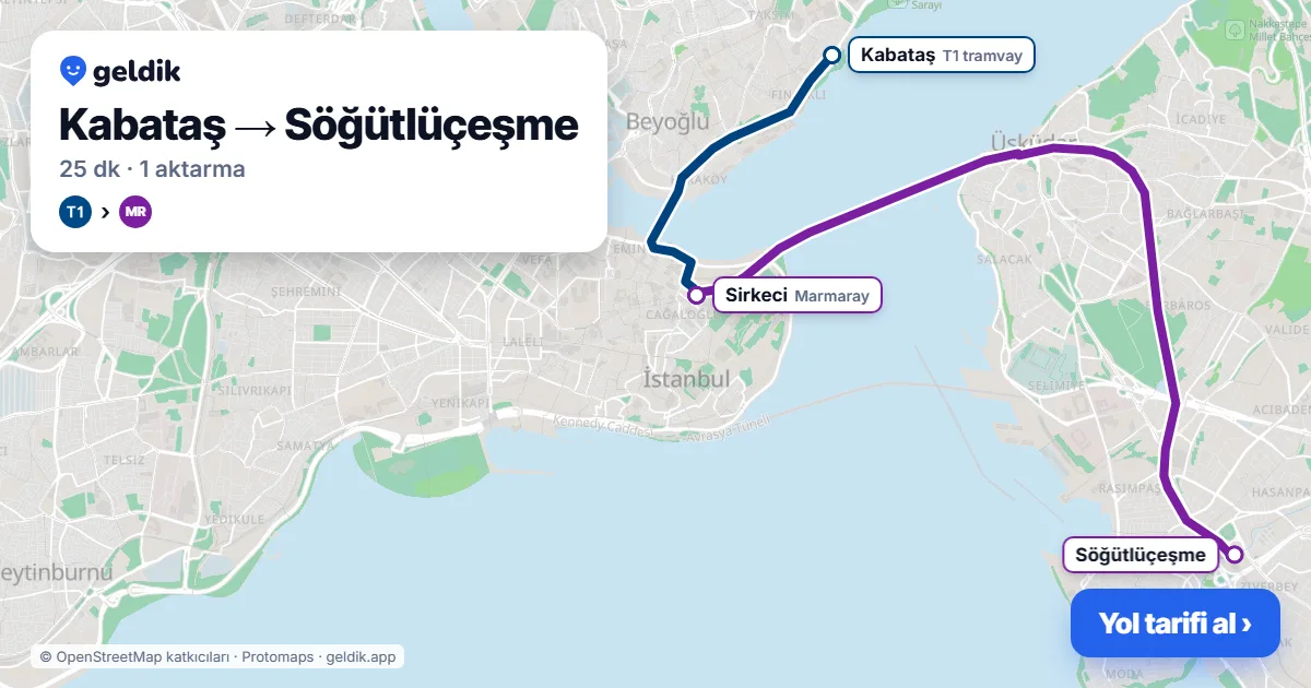 Kabataş – Söğütlüçeşme yol haritası: T1 → Marmaray ile ~25 dk