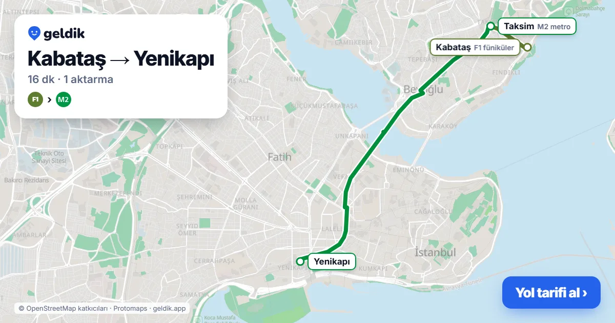 Kabataş – Yenikapı yol haritası: F1 → M2 ile ~16 dk