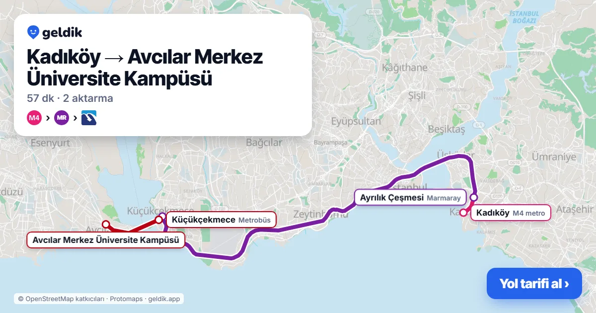 Kadıköy – Avcılar yol haritası: M4 → Marmaray → Metrobüs ile ~57 dk