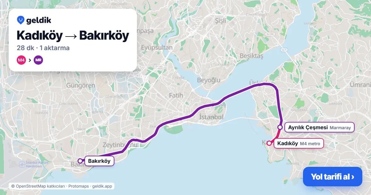 Kadıköy – Bakırköy yol haritası: M4 → Marmaray ile ~28 dk