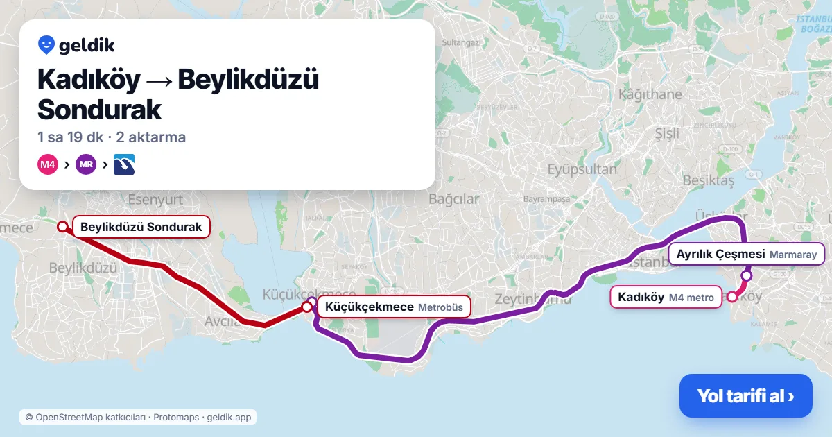 Kadıköy – Beylikdüzü yol haritası: M4 → Marmaray → Metrobüs ile ~79 dk