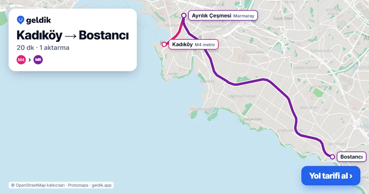 Kadıköy – Bostancı yol haritası: M4 → Marmaray ile ~20 dk