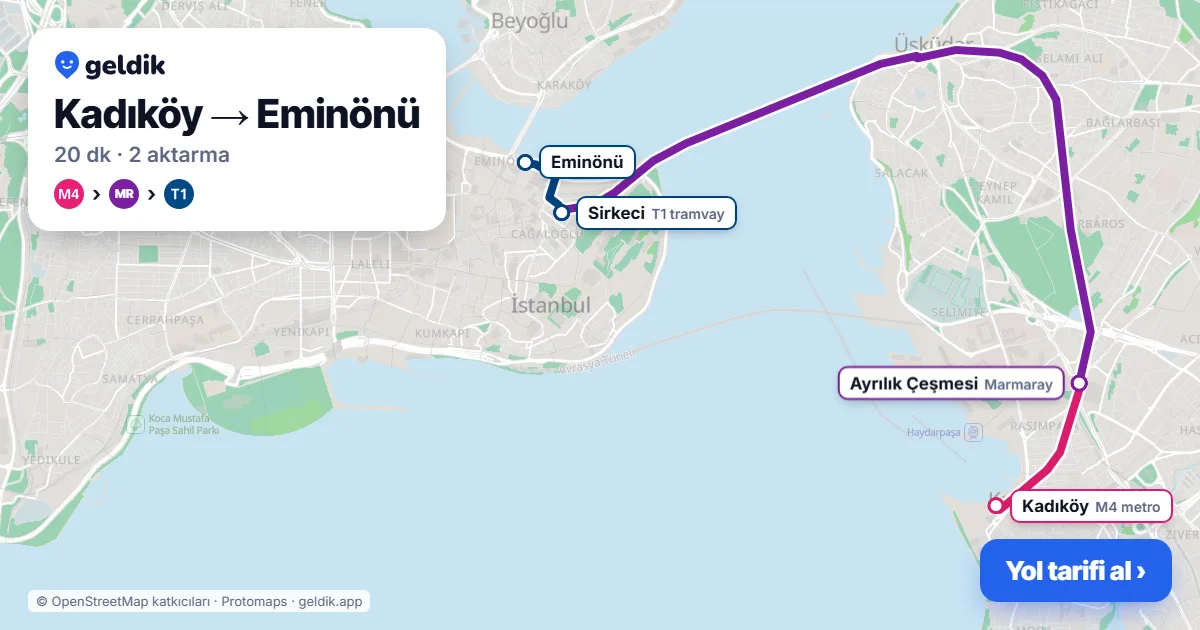Kadıköy – Eminönü yol haritası: M4 → Marmaray → T1 ile ~20 dk