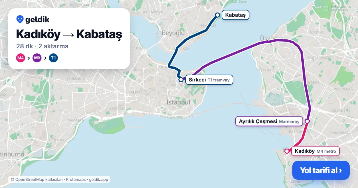 Kadıköy – Kabataş yol haritası: M4 → Marmaray → T1 ile ~28 dk