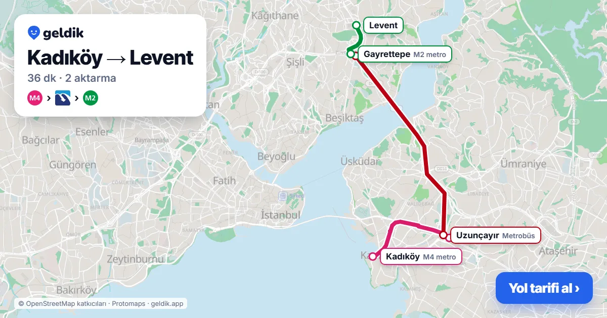 Kadıköy – Levent yol haritası: M4 → Metrobüs → M2 ile ~36 dk
