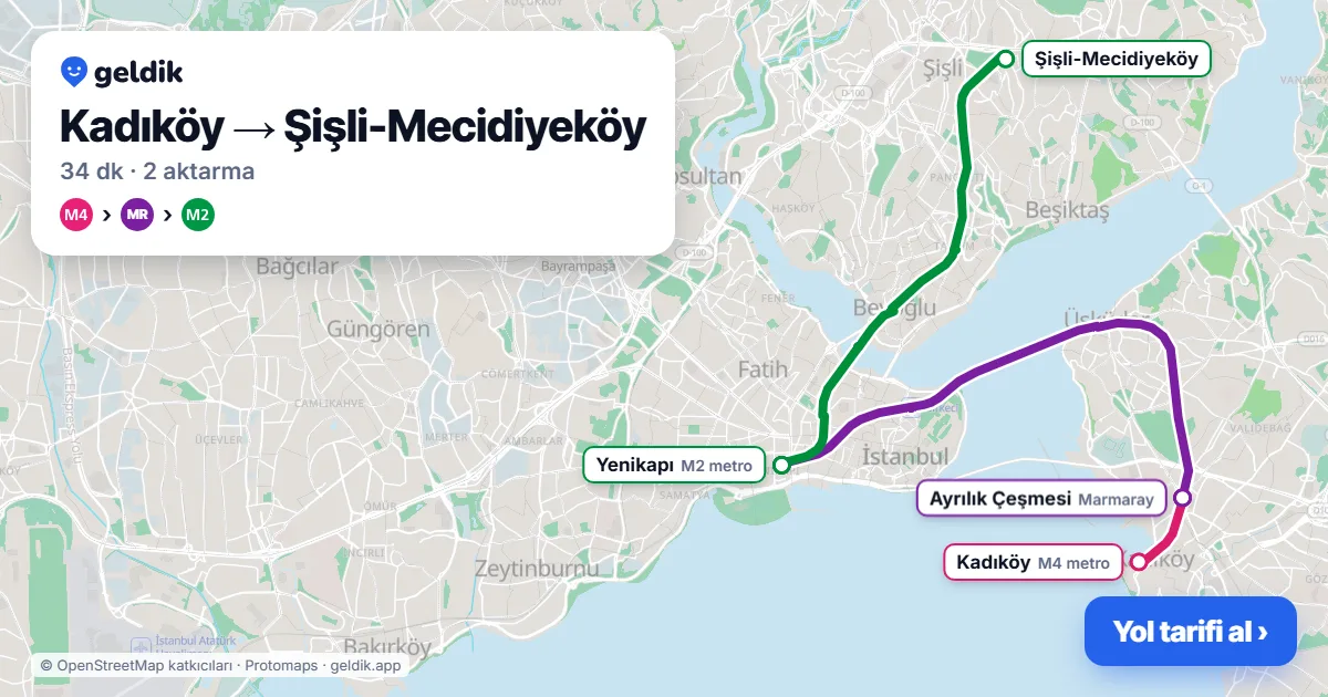 Kadıköy – Mecidiyeköy yol haritası: M4 → Marmaray → M2 ile ~34 dk