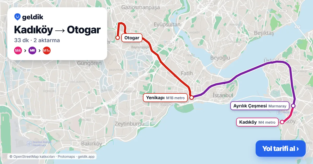 Kadıköy – Otogar yol haritası: M4 → Marmaray → M1B ile ~33 dk