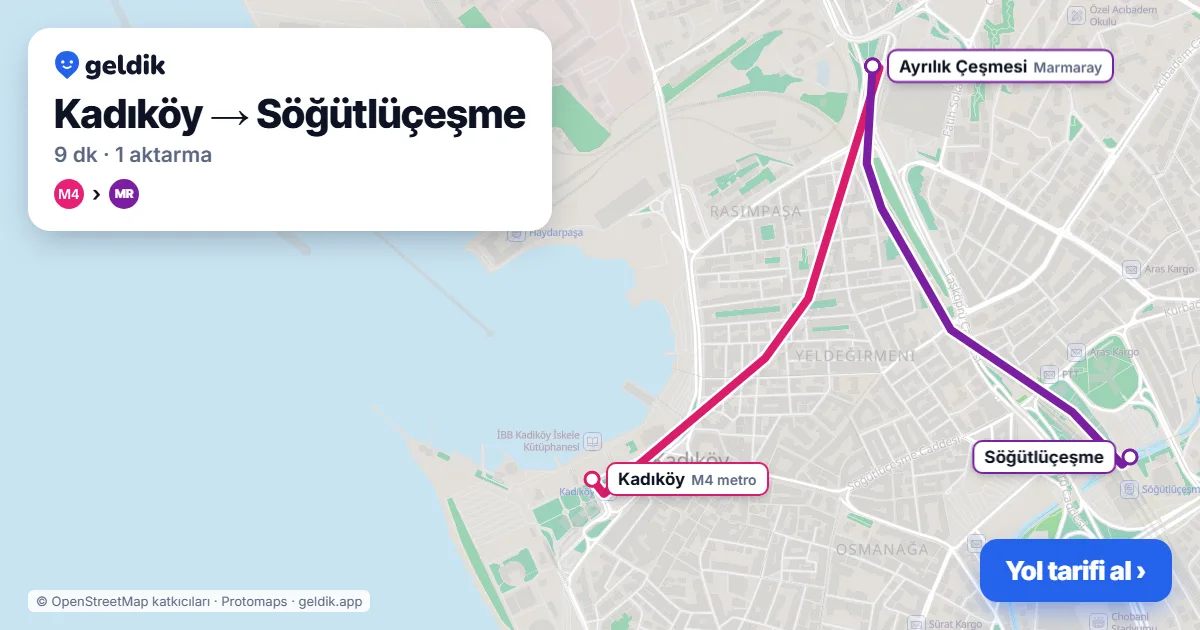 Kadıköy – Söğütlüçeşme yol haritası: M4 → Marmaray ile ~9 dk