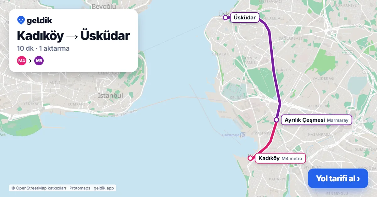 Kadıköy – Üsküdar yol haritası: M4 → Marmaray ile ~10 dk