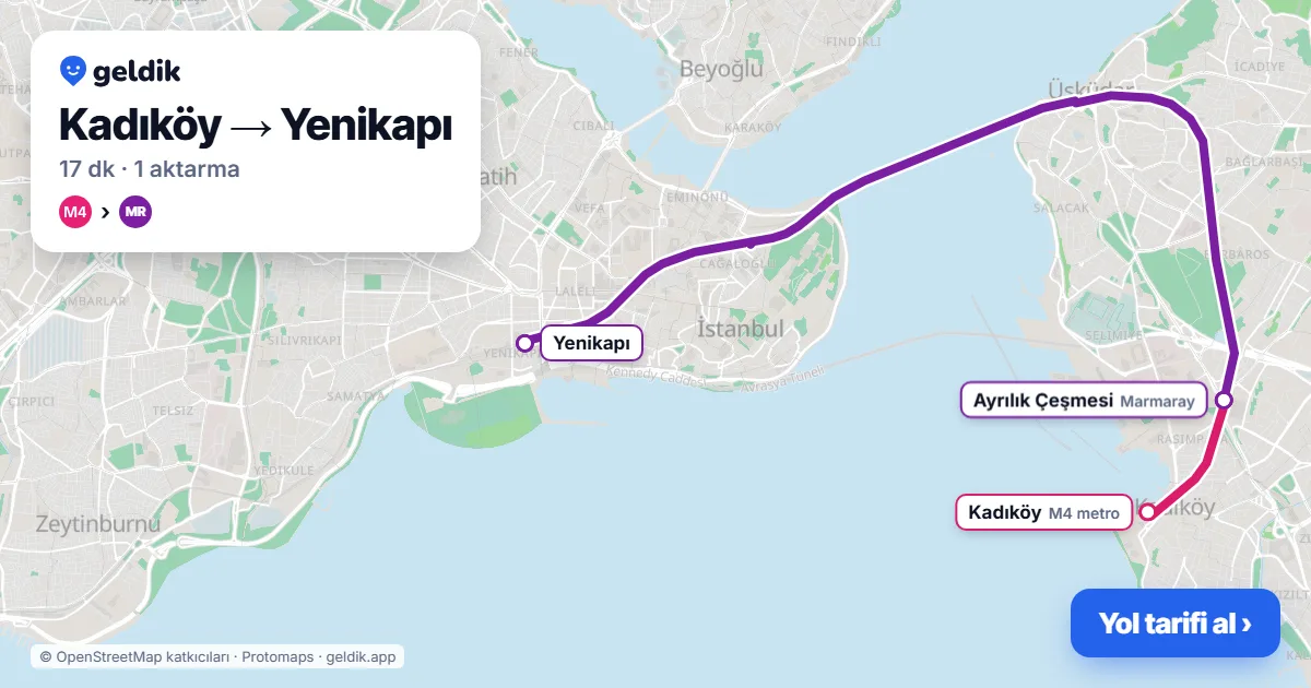 Kadıköy – Yenikapı yol haritası: M4 → Marmaray ile ~17 dk