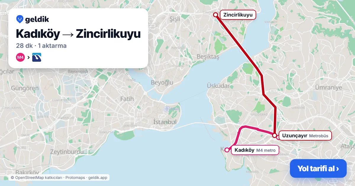 Kadıköy – Zincirlikuyu yol haritası: M4 → Metrobüs ile ~28 dk