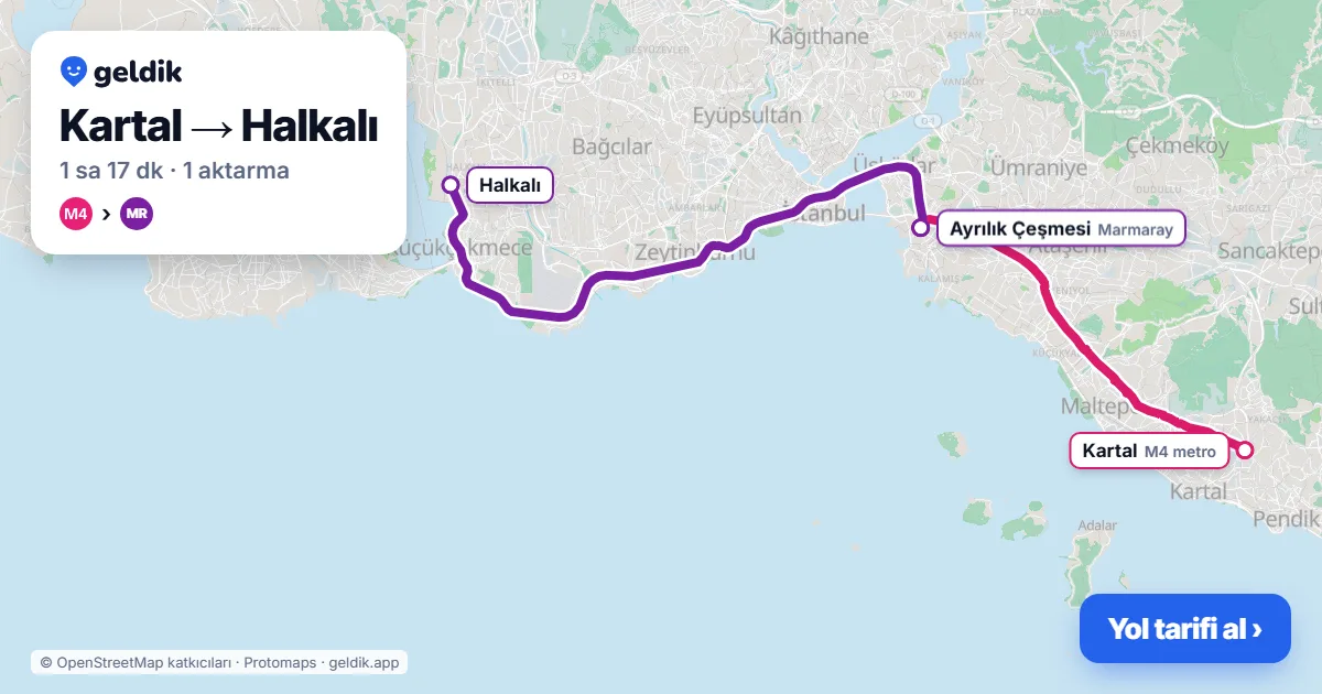 Kartal – Halkalı yol haritası: M4 → Marmaray ile ~77 dk