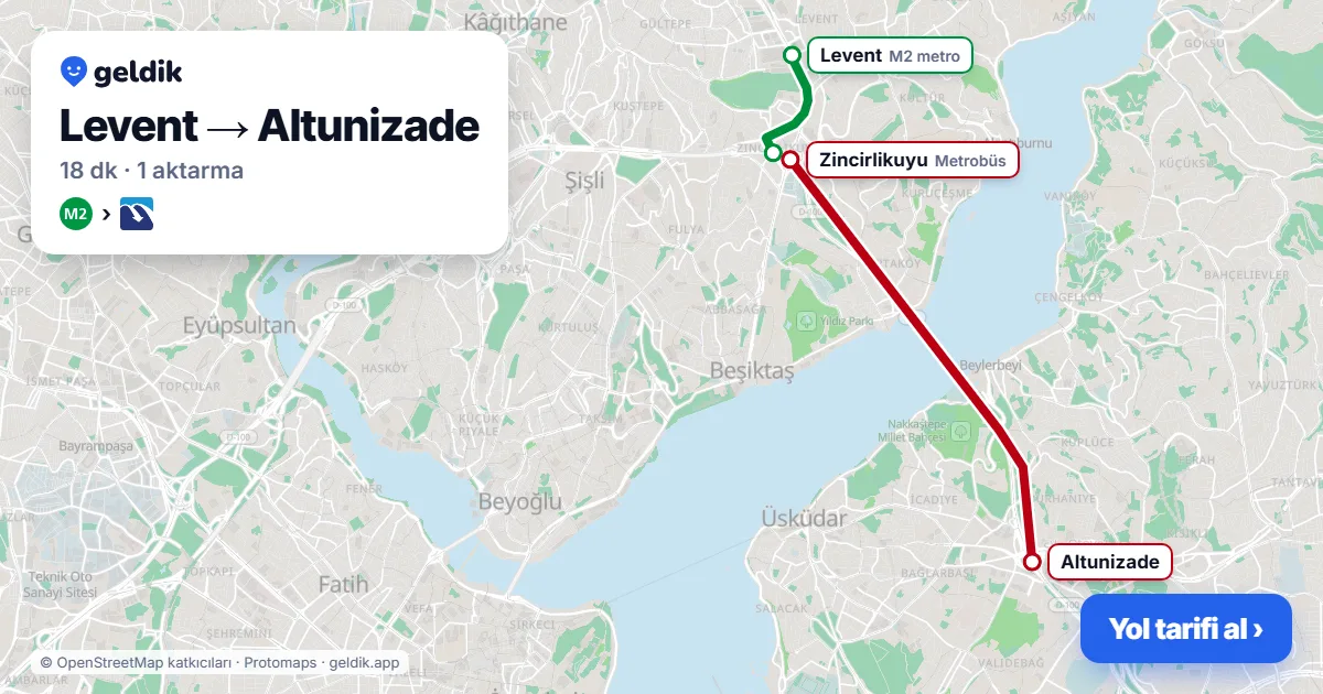 Levent – Altunizade yol haritası: M2 → Metrobüs ile ~18 dk
