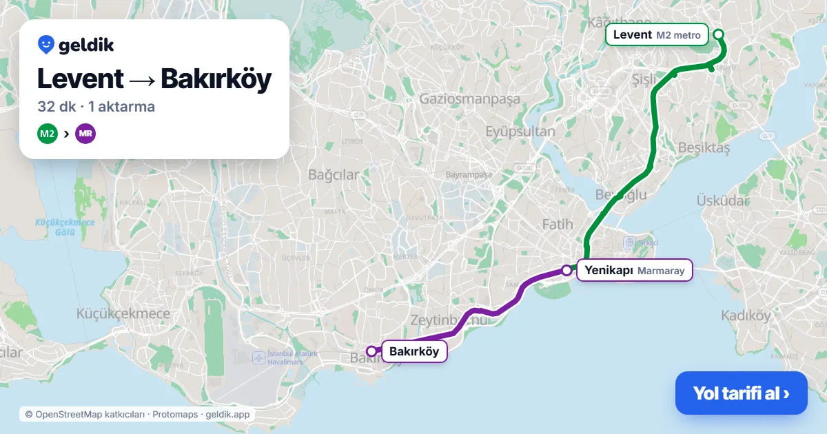 Levent – Bakırköy yol haritası: M2 → Marmaray ile ~32 dk