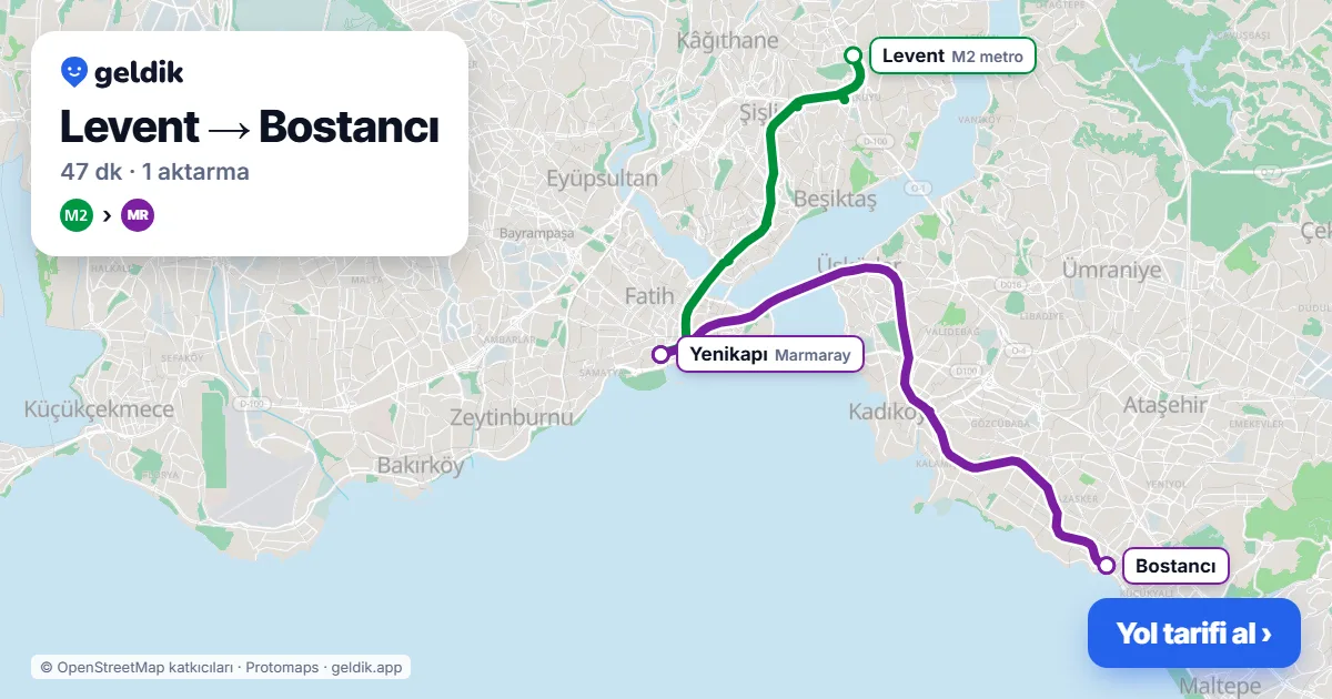 Levent – Bostancı yol haritası: M2 → Marmaray ile ~47 dk