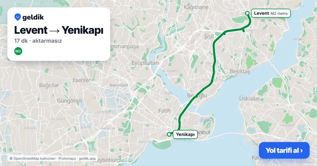 Levent – Yenikapı yol haritası: M2 ile ~17 dk