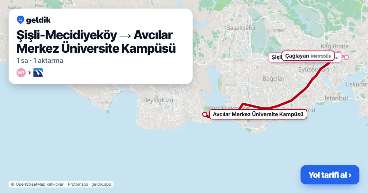 Mecidiyeköy – Avcılar yol haritası: M7 → Metrobüs ile ~60 dk