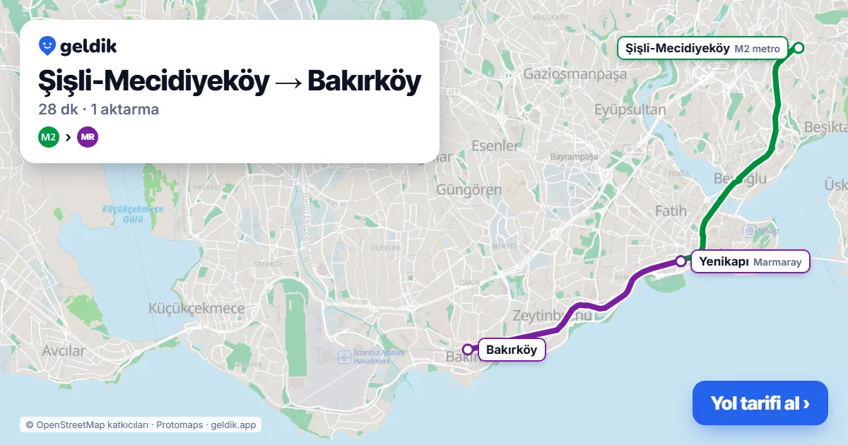 Mecidiyeköy – Bakırköy yol haritası: M2 → Marmaray ile ~28 dk
