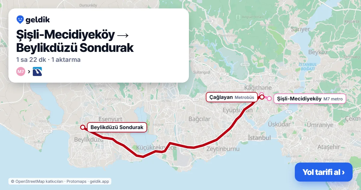 Mecidiyeköy – Beylikdüzü yol haritası: M7 → Metrobüs ile ~82 dk