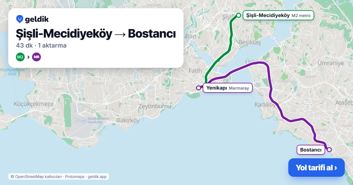Mecidiyeköy – Bostancı yol haritası: M2 → Marmaray ile ~43 dk