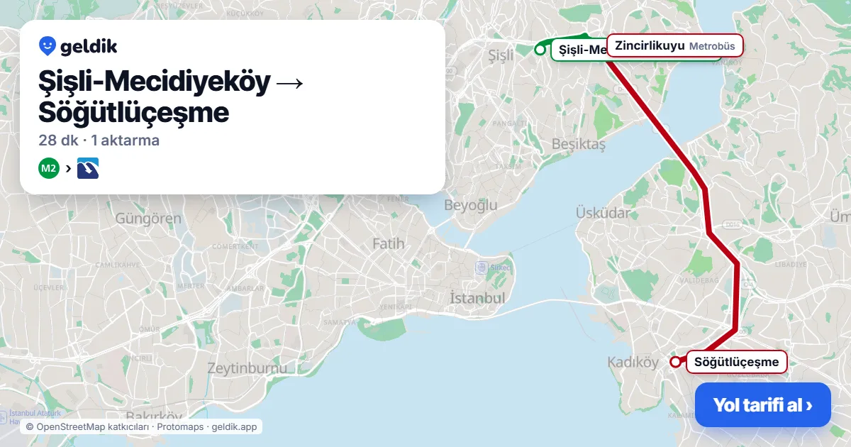 Mecidiyeköy – Söğütlüçeşme yol haritası: M2 → Metrobüs ile ~28 dk