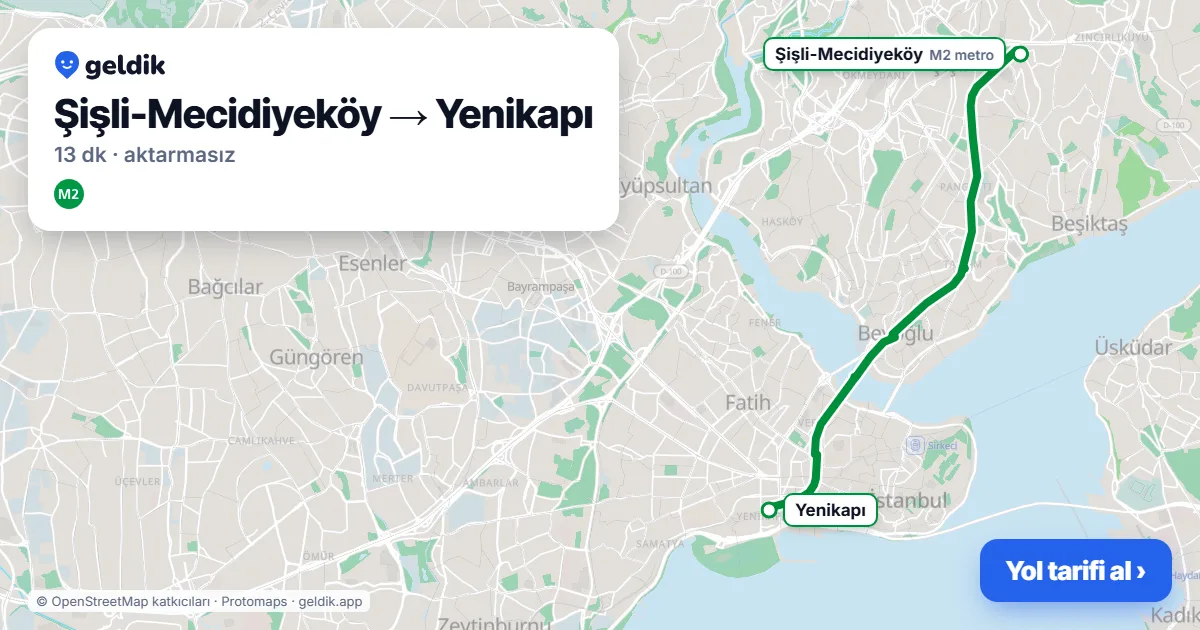Mecidiyeköy – Yenikapı yol haritası: M2 ile ~13 dk