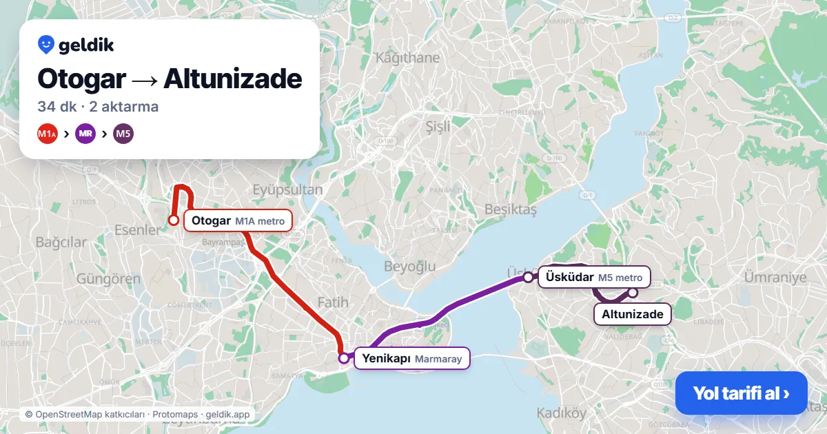 Otogar – Altunizade yol haritası: M1A → Marmaray → M5 ile ~34 dk