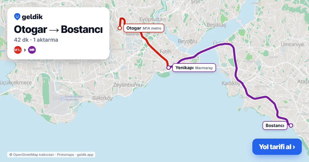 Otogar – Bostancı yol haritası: M1A → Marmaray ile ~42 dk