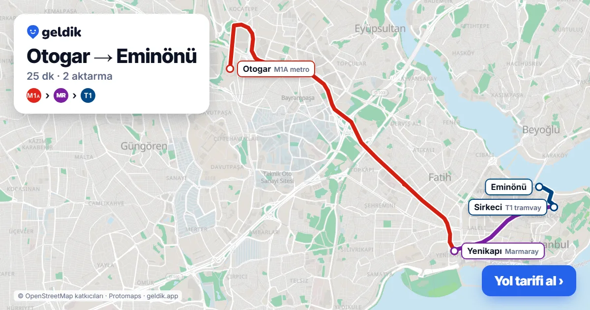 Otogar – Eminönü yol haritası: M1A → Marmaray → T1 ile ~25 dk