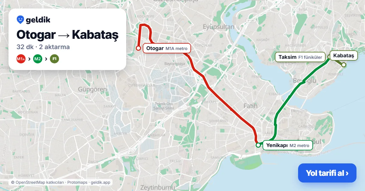 Otogar – Kabataş yol haritası: M1A → M2 → F1 ile ~32 dk