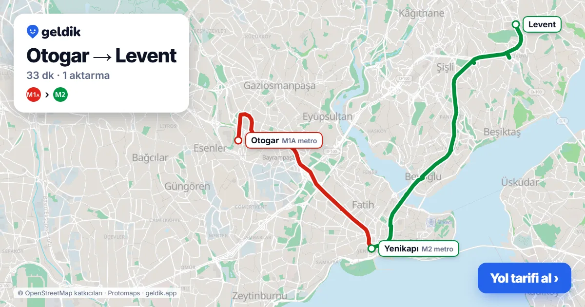 Otogar – Levent yol haritası: M1A → M2 ile ~33 dk