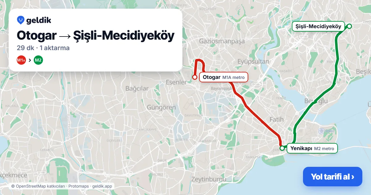 Otogar – Mecidiyeköy yol haritası: M1A → M2 ile ~29 dk