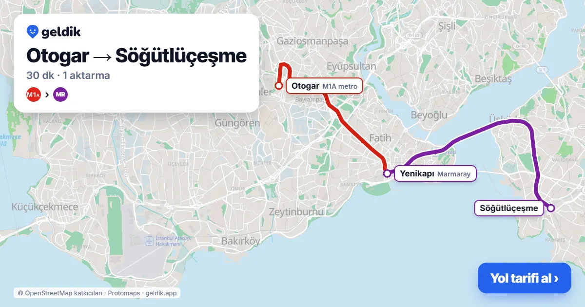 Otogar – Söğütlüçeşme yol haritası: M1A → Marmaray ile ~30 dk