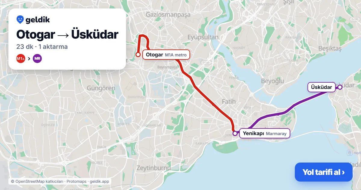 Otogar – Üsküdar yol haritası: M1A → Marmaray ile ~23 dk