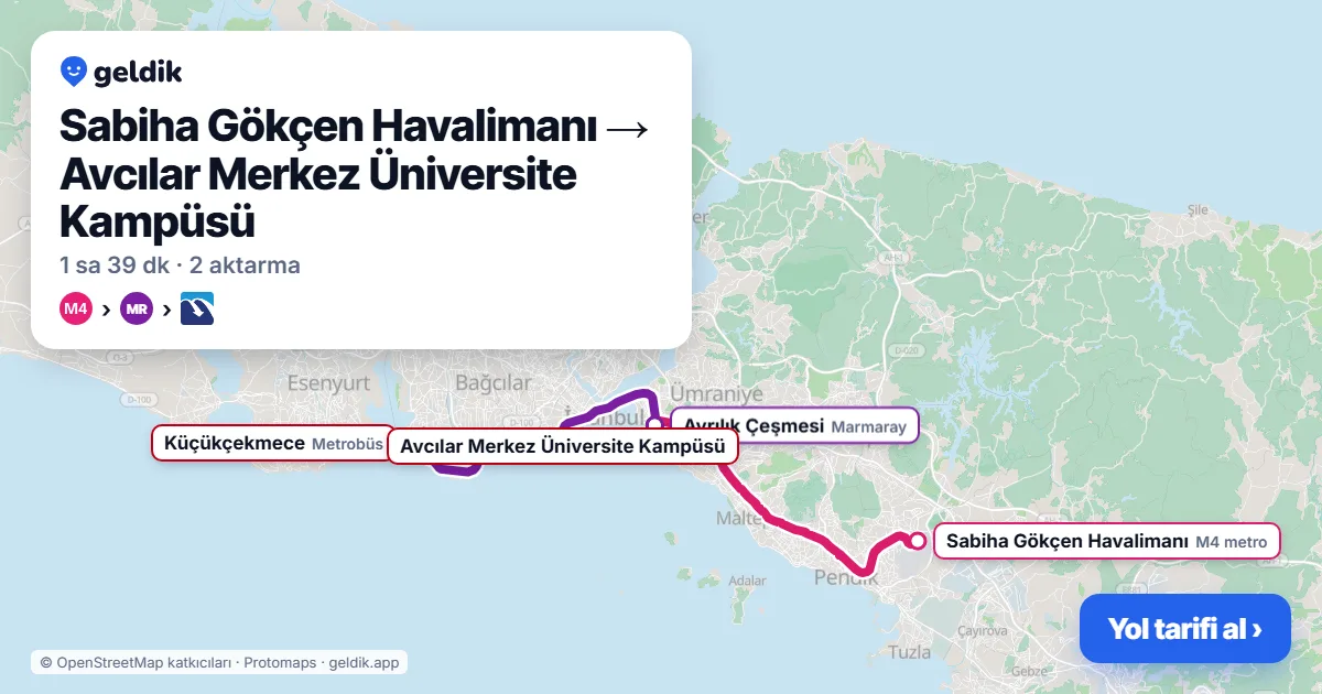 Sabiha Gökçen Havalimanı – Avcılar yol haritası: M4 → Marmaray → Metrobüs ile ~99 dk