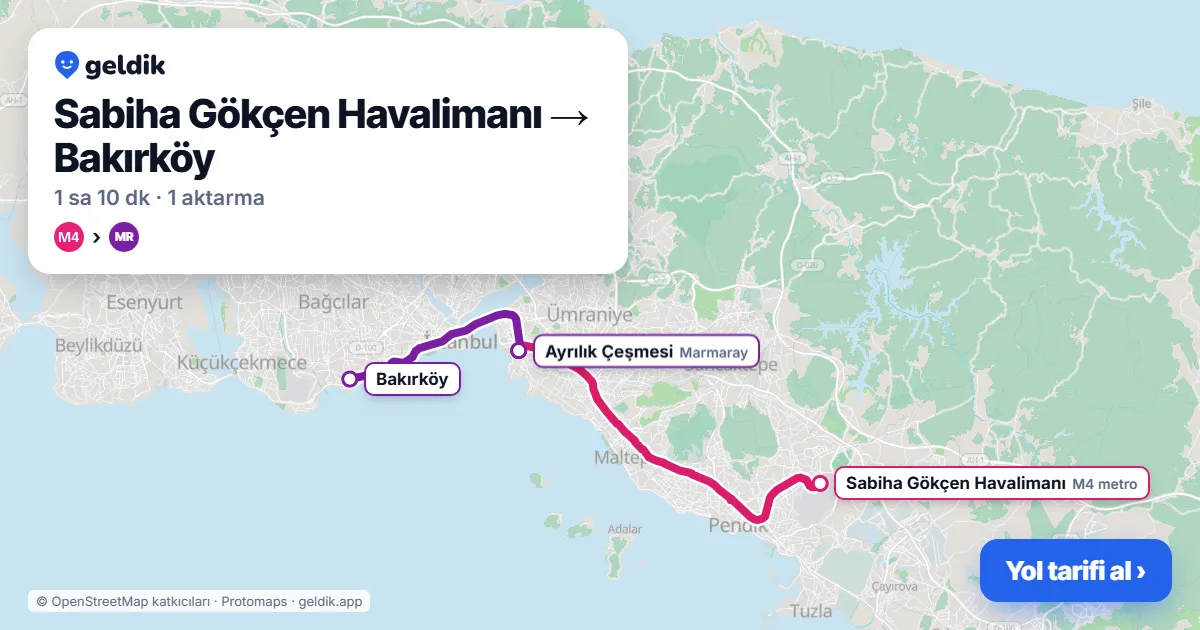 Sabiha Gökçen Havalimanı – Bakırköy yol haritası: M4 → Marmaray ile ~70 dk