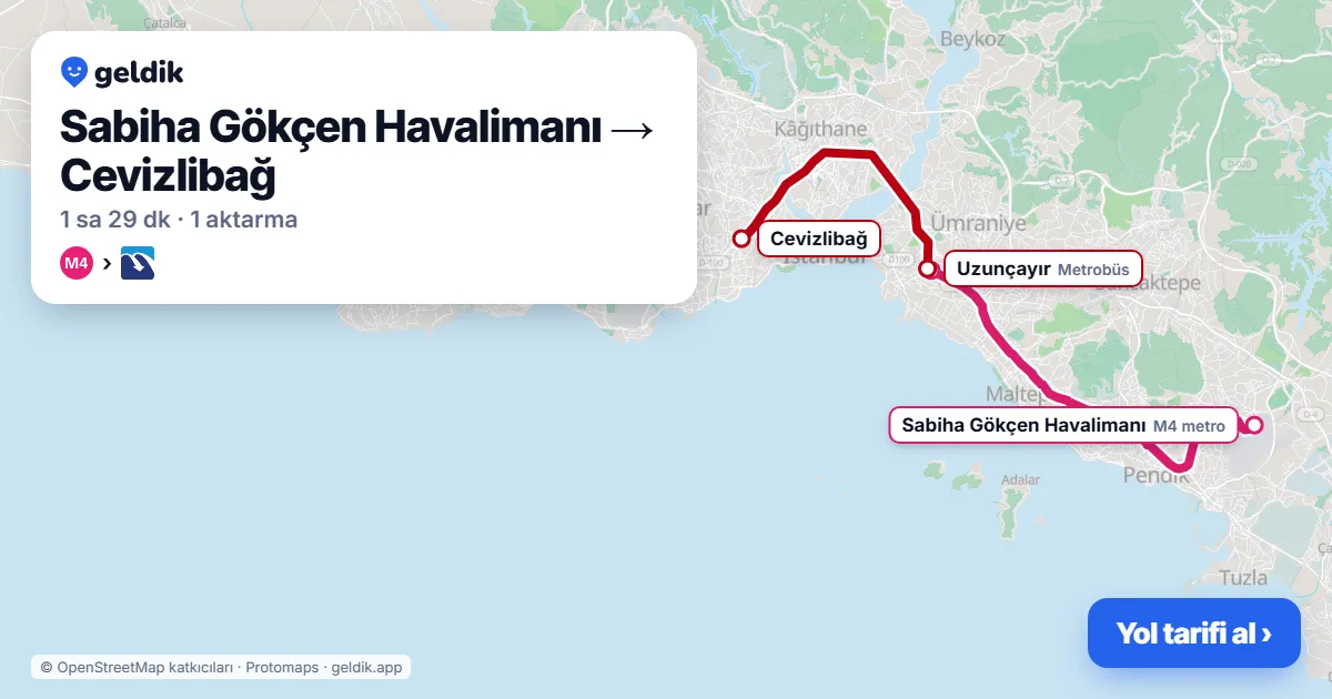 Sabiha Gökçen Havalimanı – Cevizlibağ yol haritası: M4 → Metrobüs ile ~89 dk