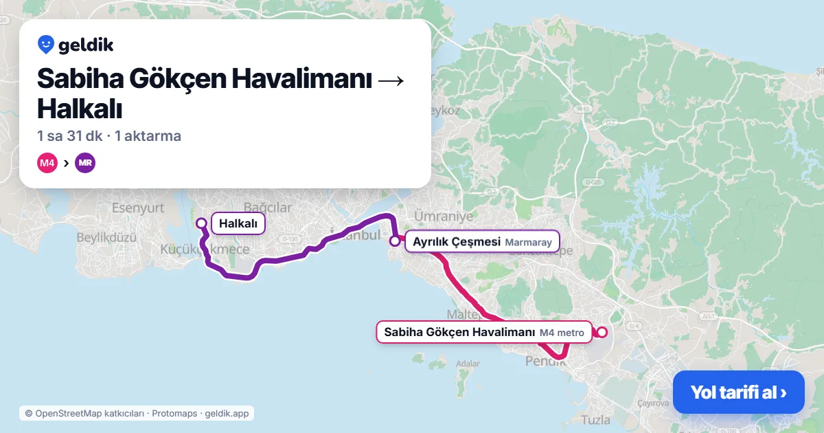 Sabiha Gökçen Havalimanı – Halkalı yol haritası: M4 → Marmaray ile ~91 dk
