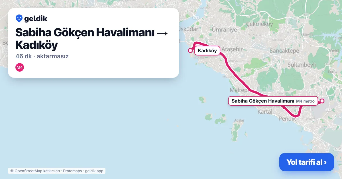 Sabiha Gökçen Havalimanı – Kadıköy yol haritası: M4 ile ~46 dk