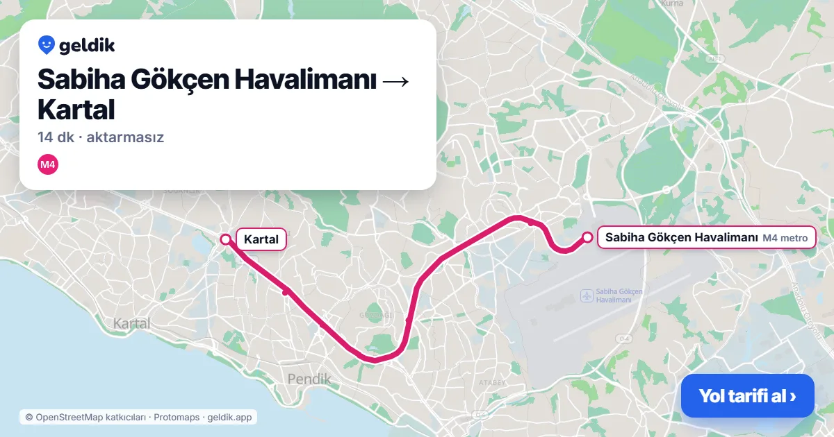 Sabiha Gökçen Havalimanı – Kartal yol haritası: M4 ile ~14 dk