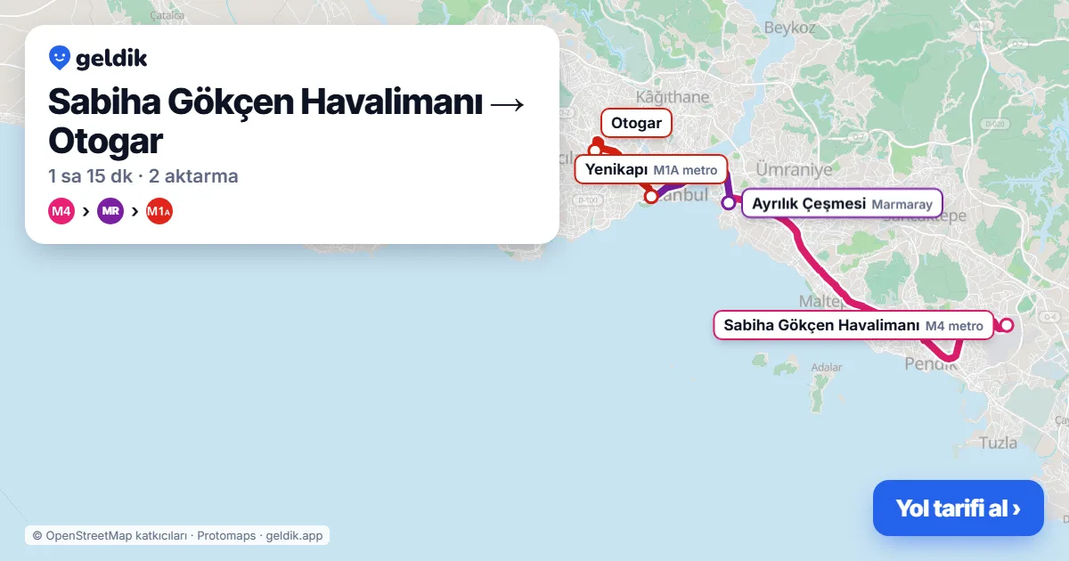 Sabiha Gökçen Havalimanı – Otogar yol haritası: M4 → Marmaray → M1A ile ~75 dk