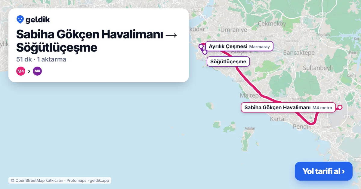 Sabiha Gökçen Havalimanı – Söğütlüçeşme yol haritası: M4 → Marmaray ile ~51 dk