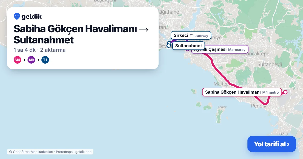 Sabiha Gökçen Havalimanı – Sultanahmet yol haritası: M4 → Marmaray → T1 ile ~64 dk