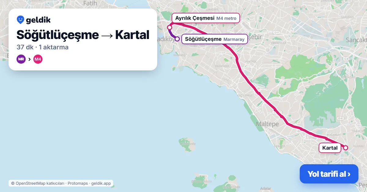 Söğütlüçeşme – Kartal yol haritası: Marmaray → M4 ile ~37 dk
