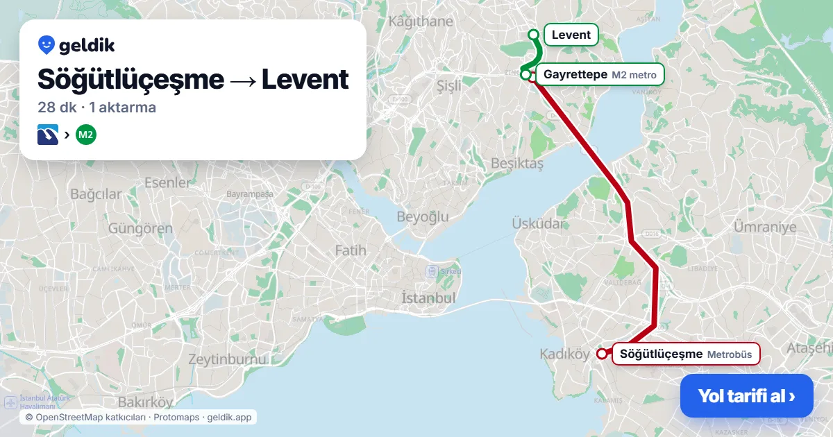 Söğütlüçeşme – Levent yol haritası: Metrobüs → M2 ile ~28 dk