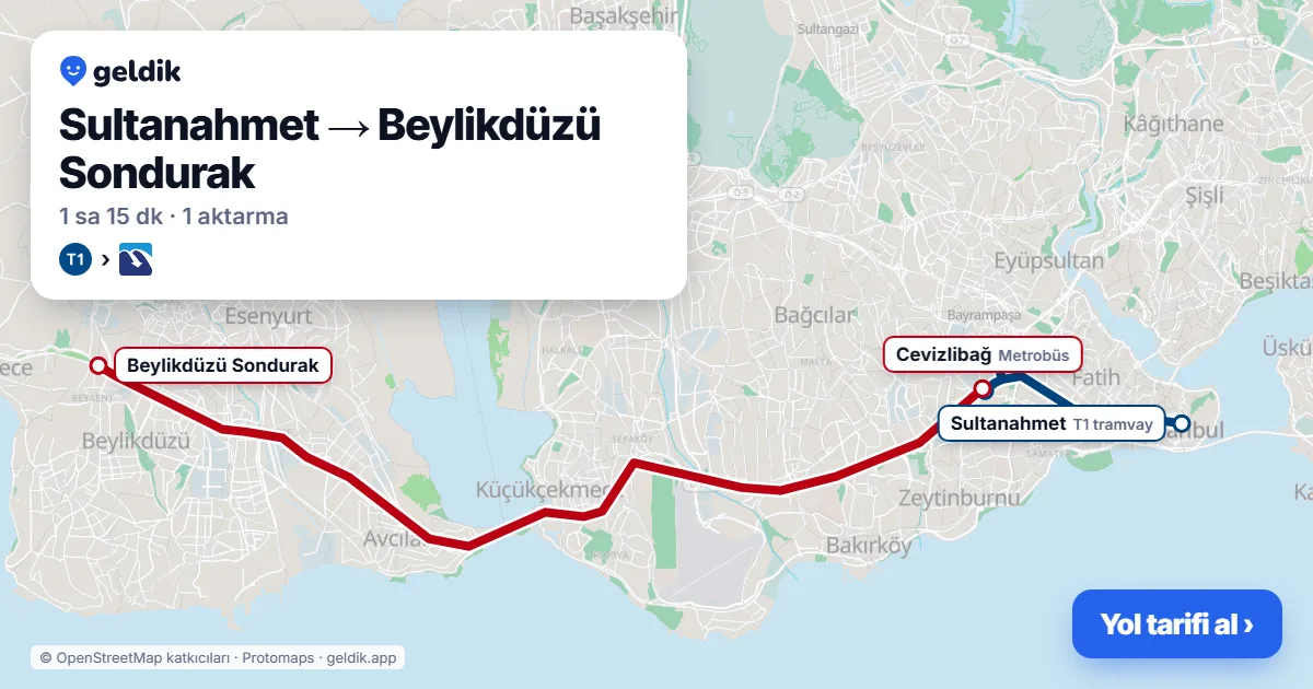 Sultanahmet – Beylikdüzü yol haritası: T1 → Metrobüs ile ~75 dk