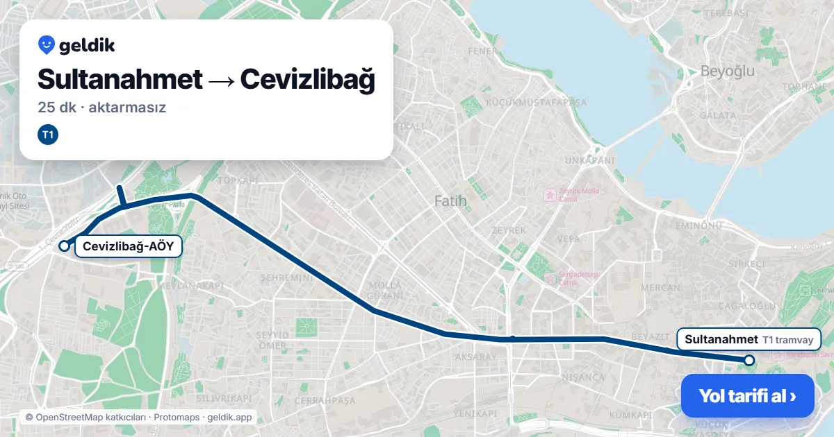 Sultanahmet – Cevizlibağ yol haritası: T1 ile ~25 dk