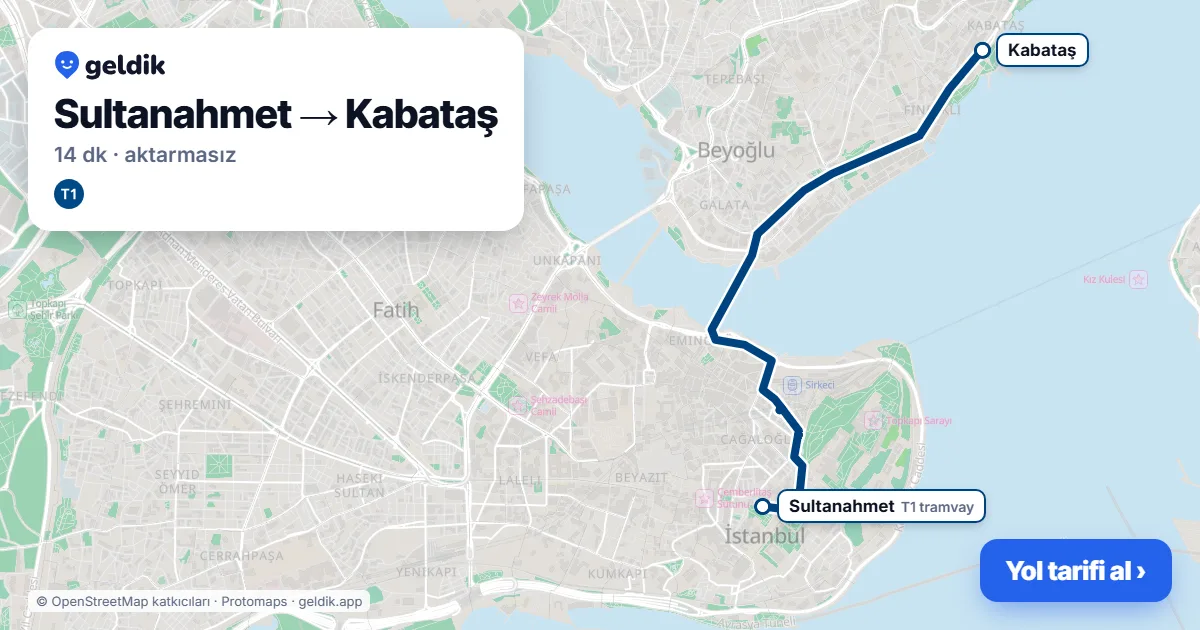Sultanahmet – Kabataş yol haritası: T1 ile ~14 dk